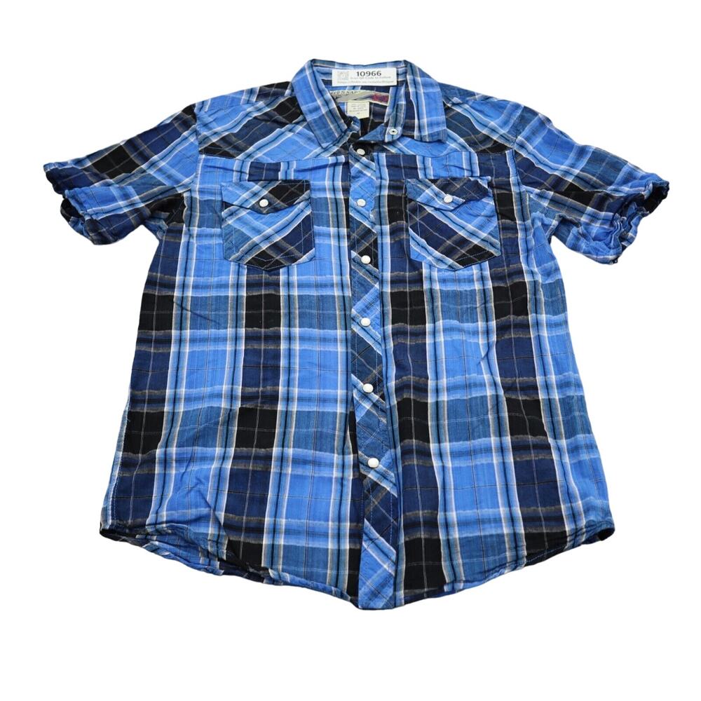 Vintage Red Shirt Men Medium Blue Black Plaid Short Sleeve Pearl Snap Up Casual